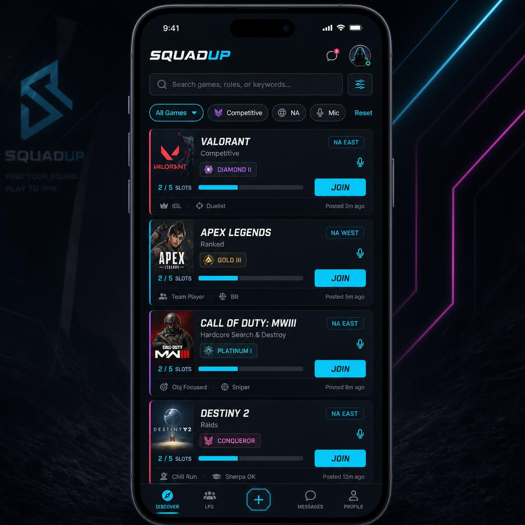 The SquadUp feed showing live looking-for-group posts from PC players